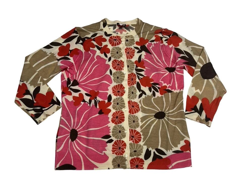 Y2K J. Crew Red Blossoms Floral Wool Lightweight Cardigan Sweater Size M Vtg